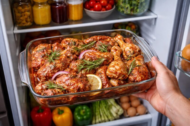 Ruka uzima staklenu posudu sa mariniranim pilećim batacima iz otvorenog frižidera, okruženu svežim povrćem i namirnicama