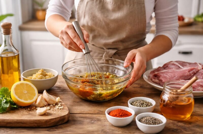 Osoba u kuhinji meša sastojke za marinadu u činiji, okružena uljem, senfom, belim lukom i začinima na radnoj površini