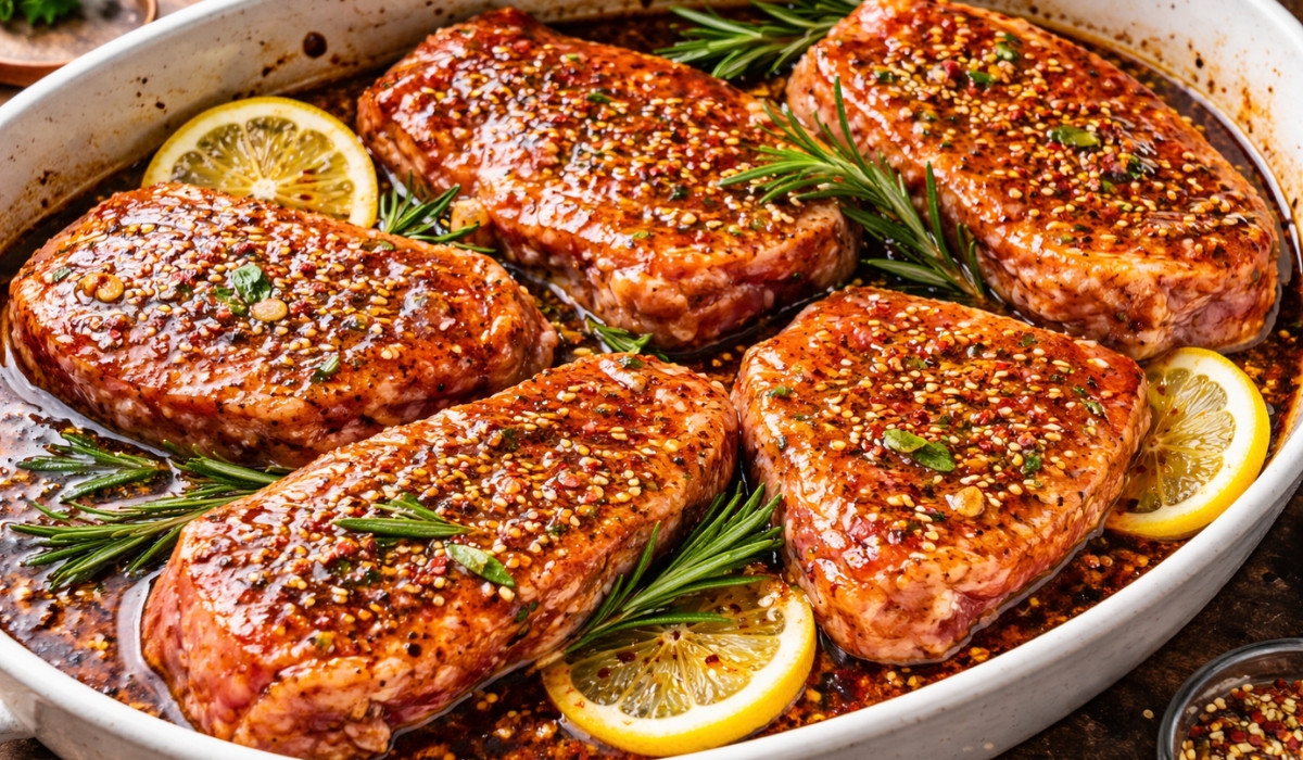 Sveže svinjsko meso u aromatičnoj marinadi sa začinima i limunom, spremno za pečenje na roštilju