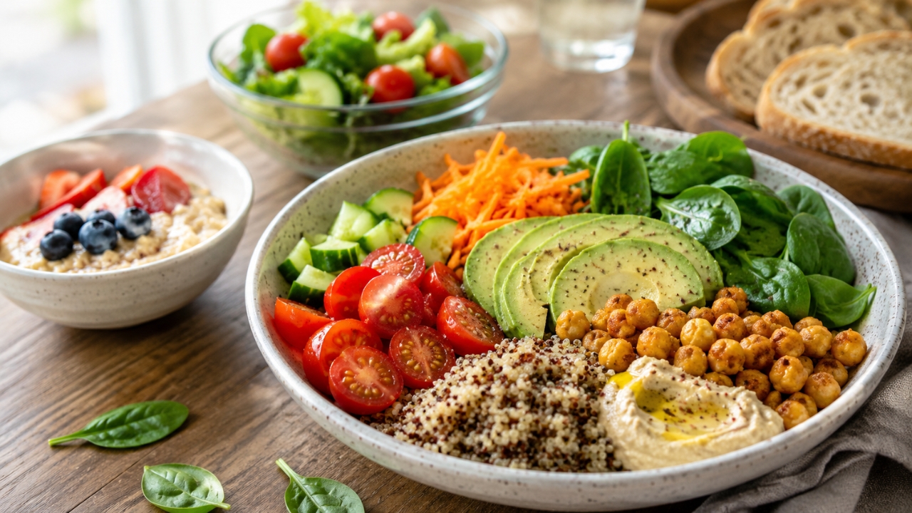 Veganski obrok sa kinoom, leblebijama, avokadom, humusom i svežim povrćem